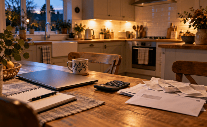 A cosy kitchen with warm lighting shows a wooden table holding a laptop, notebook, calculator, mug, and scattered papers—perfect for studying from home—with plants and kitchen items in the background.