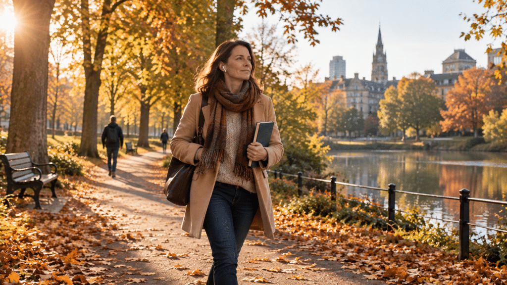 A woman in a coat and scarf walks along a leaf-covered park path during autumn, holding a notebook—capturing the spirit of studying motivation as sunlight streams through the trees and buildings.