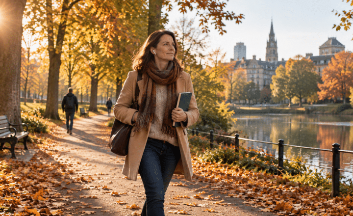 A woman in a coat and scarf walks along a leaf-covered park path during autumn, holding a notebook—capturing the spirit of studying motivation as sunlight streams through the trees and buildings.
