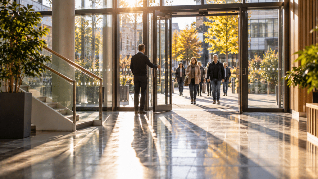 A man in business attire holds open a glass door for a group of learners entering a modern building foyer. Sunlight streams in, illuminating the polished floor and casting long shadows in the late afternoon.