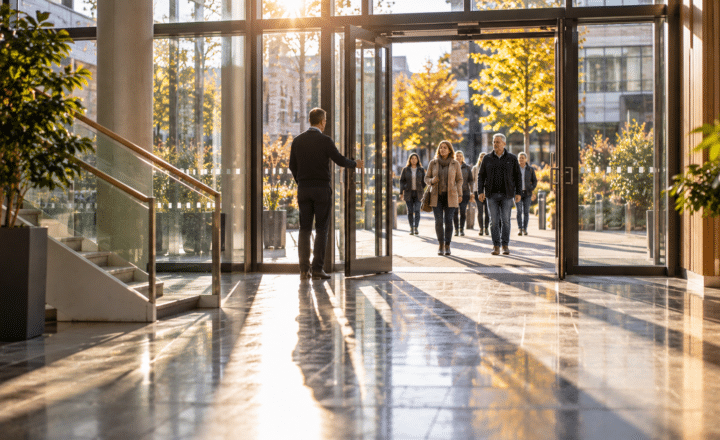 A man in business attire holds open a glass door for a group of learners entering a modern building foyer. Sunlight streams in, illuminating the polished floor and casting long shadows in the late afternoon.