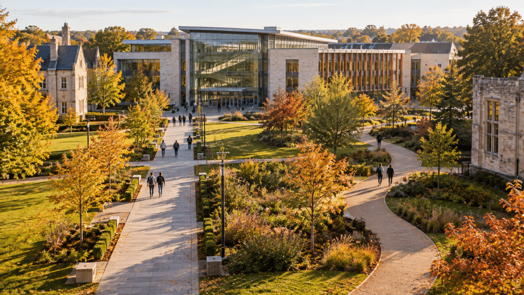 A university campus in autumn, with colourful trees and people walking near modern and historic stone buildings, fosters effective classroom learning under a clear sky.