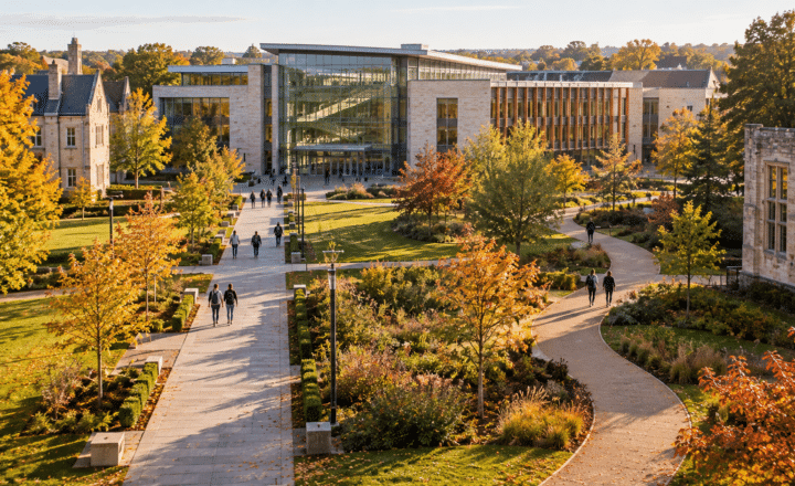 A university campus in autumn, with colourful trees and people walking near modern and historic stone buildings, fosters effective classroom learning under a clear sky.