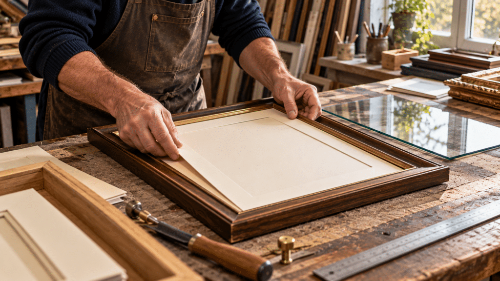 A person wearing an apron places a mat inside a wooden picture frame on a workbench, surrounded by framing tools and supplies—perfect for those pursuing a recognised qualification through distance learning in art.