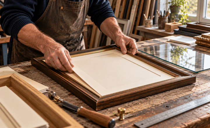A person wearing an apron places a mat inside a wooden picture frame on a workbench, surrounded by framing tools and supplies—perfect for those pursuing a recognised qualification through distance learning in art.