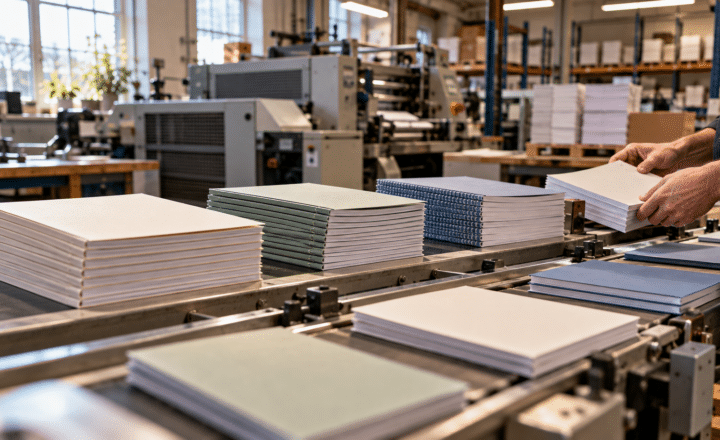 Stacks of notebooks in different colours are arranged on a conveyor belt in a printing factory, where a person’s hands sort them—possibly for use in Occupational Certificates or Foundation Certificates programmes.
