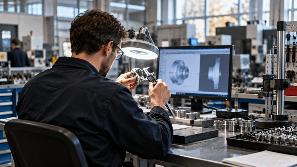 A man uses callipers to measure a metal part at a workstation, with a monitor displaying a 3D model—highlighting how AI literacy is becoming essential for workers in modern industrial settings.