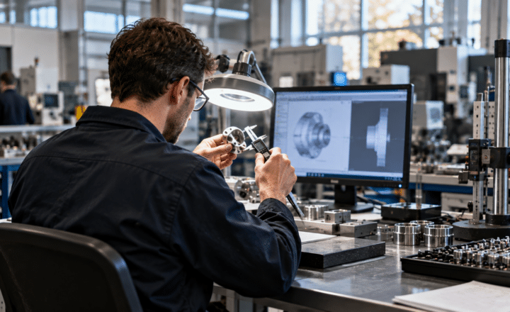 A man uses callipers to measure a metal part at a workstation, with a monitor displaying a 3D model—highlighting how AI literacy is becoming essential for workers in modern industrial settings.
