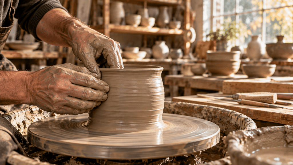 A person shapes a clay pot on a spinning pottery wheel in a sunlit studio, embracing the benefits of self-paced learning, with finished ceramic pieces visible in the background.