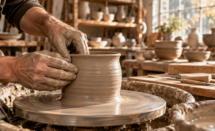 A person shapes a clay pot on a spinning pottery wheel in a sunlit studio, embracing the benefits of self-paced learning, with finished ceramic pieces visible in the background.