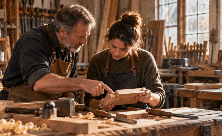 An older man, embodying good tutor qualities, teaches a younger woman woodworking in a sunlit workshop. They examine a wooden piece together, surrounded by tools and wood shavings on the workbench.