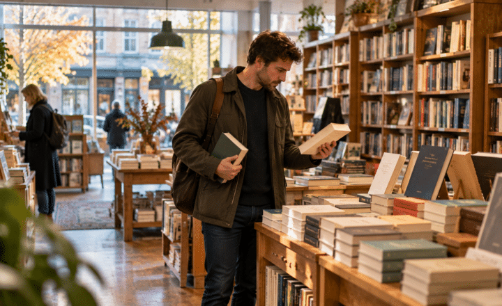 A man stands in a cosy bookshop, holding one book and reading another about online course requirements. Shelves filled with books surround him, while another person browses near large windows letting in natural light.