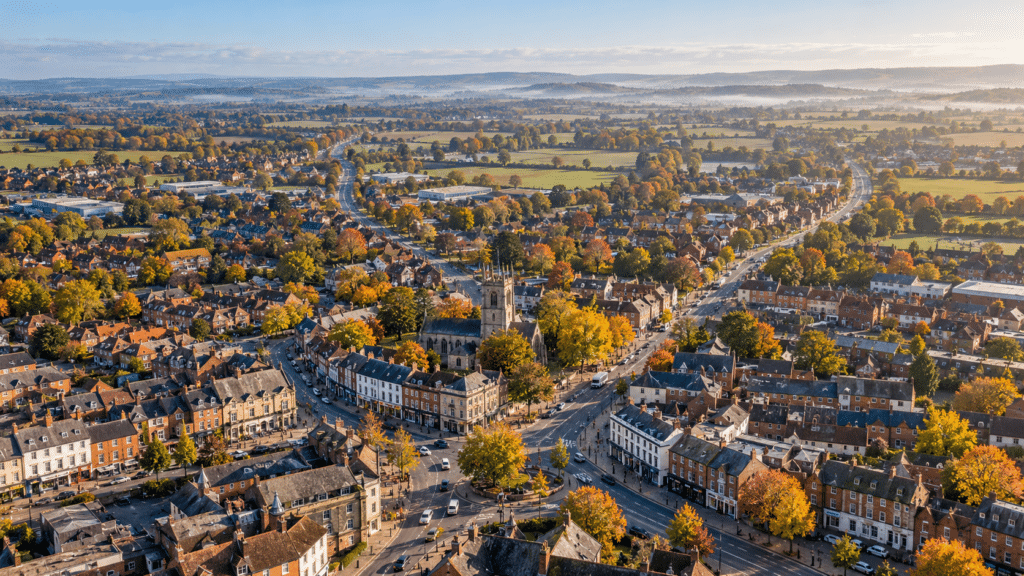 Aerial view of a small town with a central church, surrounded by autumn trees, houses, and roads—adult education centres supported by local funding blend into the landscape against distant hills and a clear blue sky.